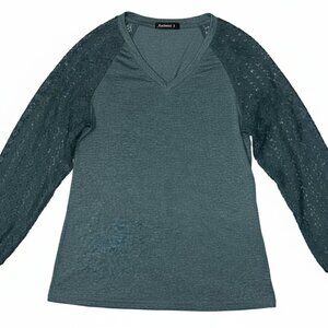 Modern Woman’s Automet Deep Jade Green Long Sleeve V-Neck Shirt with Lace Sleeve